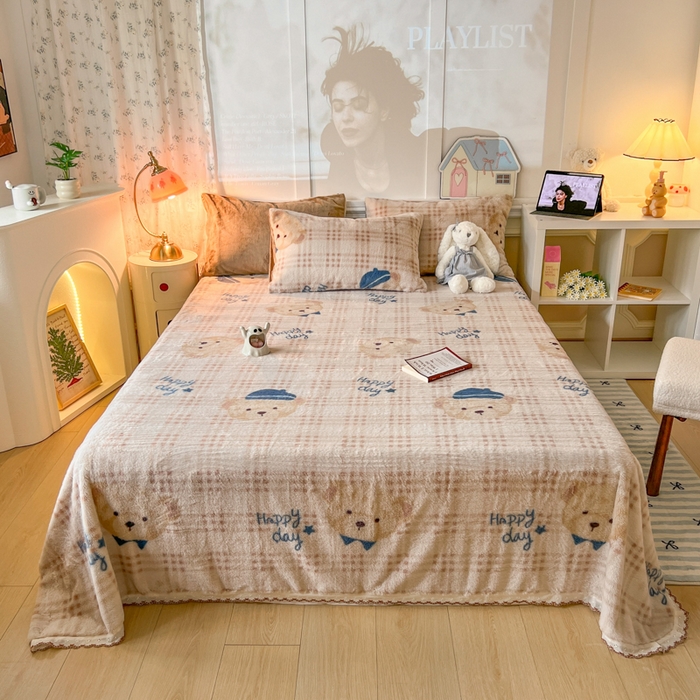 妖妖家纺 2025新款高克重兔毛花边印花单床单 床单单件 开心熊