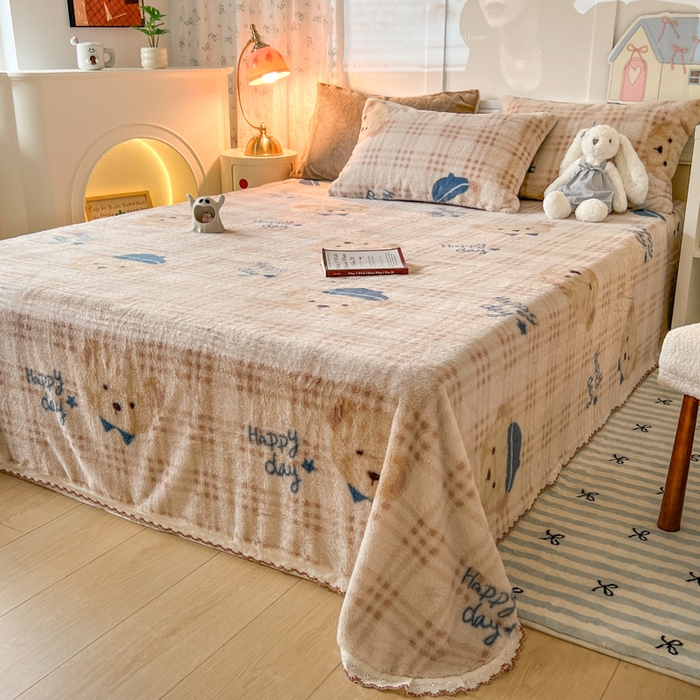 91家纺网 家纺一手货源 找家纺 妖妖家纺 2025新款高克重兔毛花边印花单床单 床单单件 开心熊