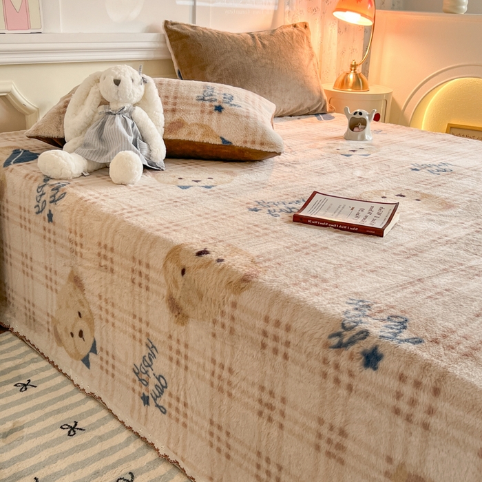 91家纺网 家纺一手货源 找家纺 妖妖家纺 2025新款高克重兔毛花边印花单床单 床单单件 开心熊