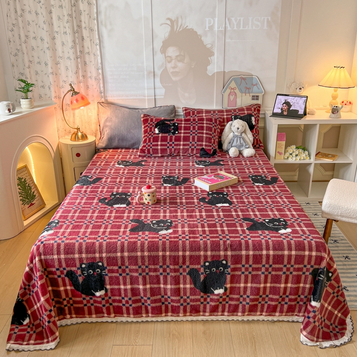 妖妖家纺 2025新款高克重兔毛花边印花单床单 床单单件 淘气猫