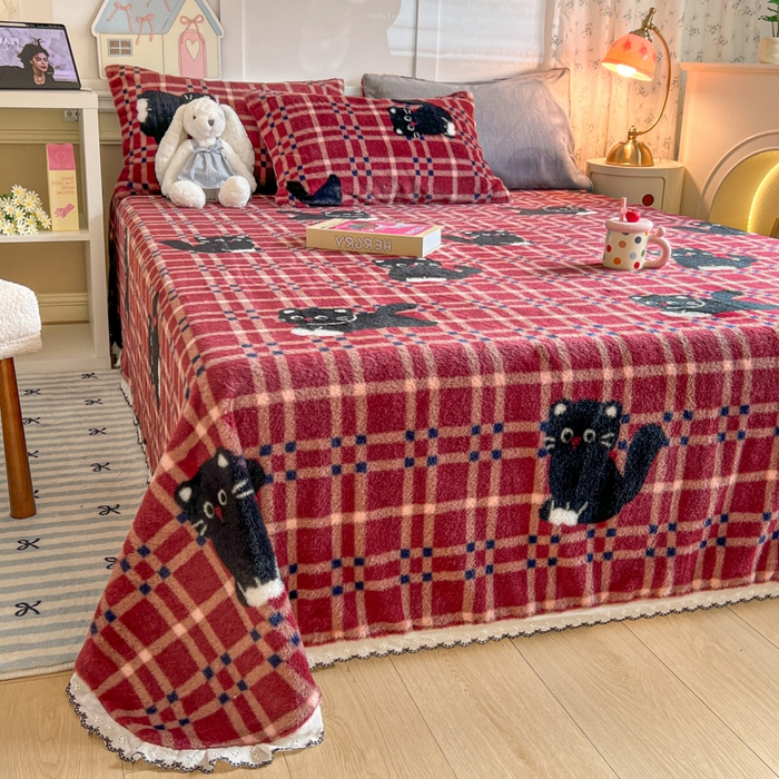 91家纺网 家纺一手货源 找家纺 妖妖家纺 2025新款高克重兔毛花边印花单床单 床单单件 淘气猫