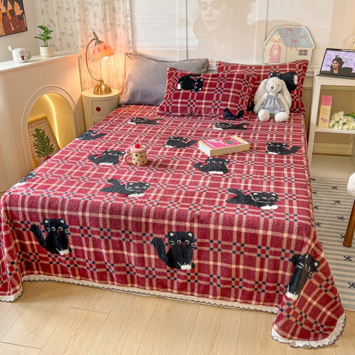 91家纺网 家纺一手货源 找家纺 妖妖家纺 2025新款高克重兔毛花边印花单床单 床单单件 淘气猫