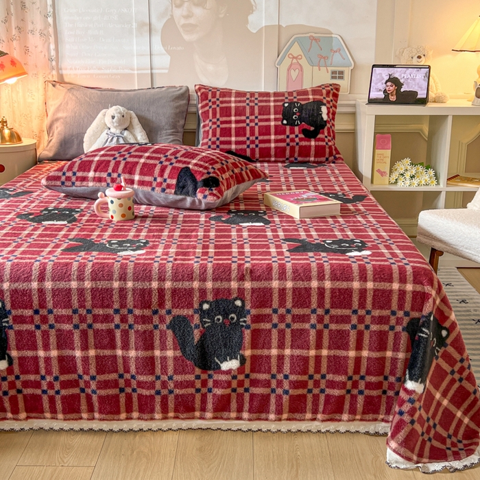 91家纺网 家纺一手货源 找家纺 妖妖家纺 2025新款高克重兔毛花边印花单床单 床单单件 淘气猫