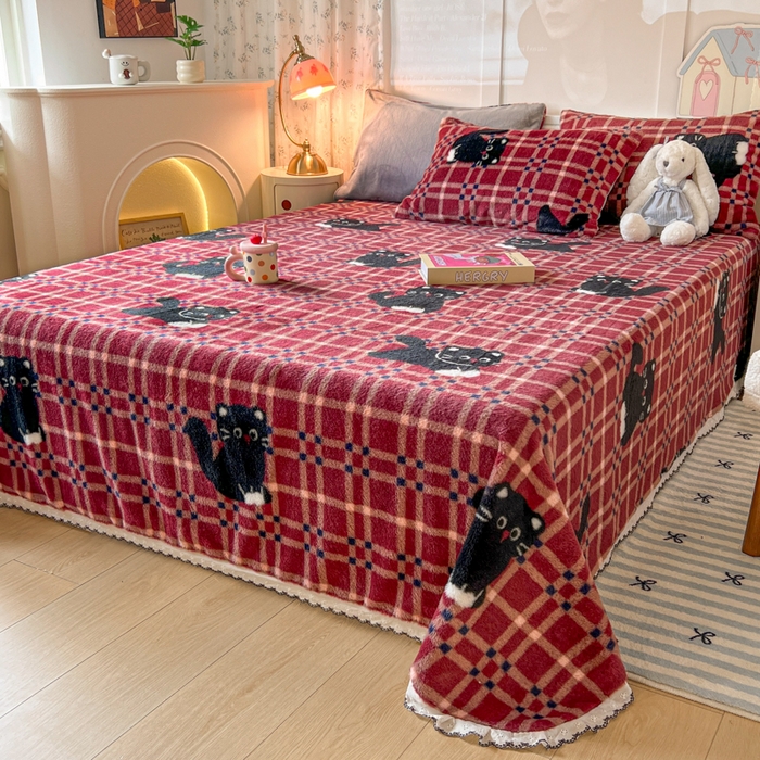 91家纺网 家纺一手货源 找家纺 妖妖家纺 2025新款高克重兔毛花边印花单床单 床单单件 淘气猫