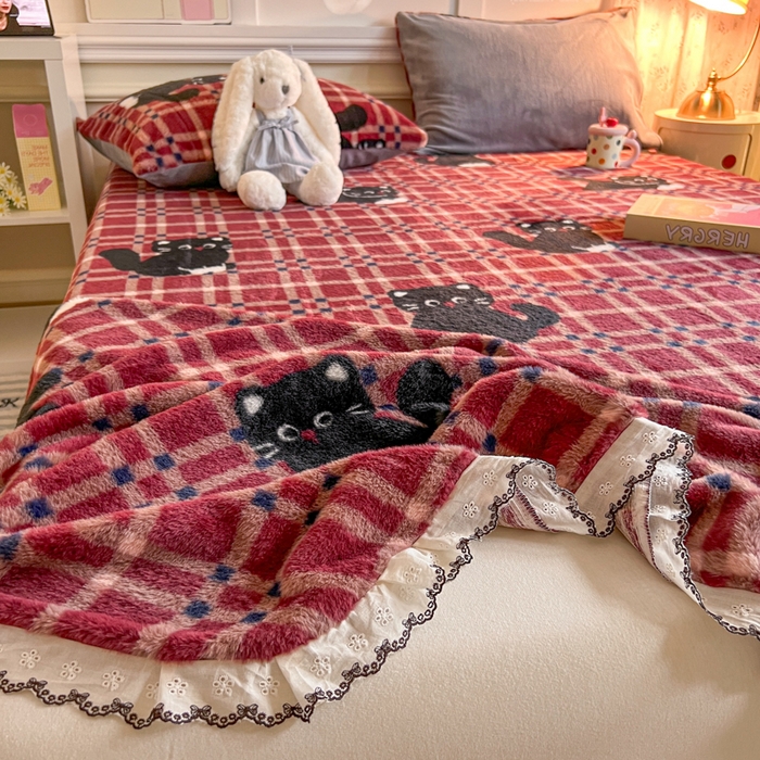 91家纺网 家纺一手货源 找家纺 妖妖家纺 2025新款高克重兔毛花边印花单床单 床单单件 淘气猫