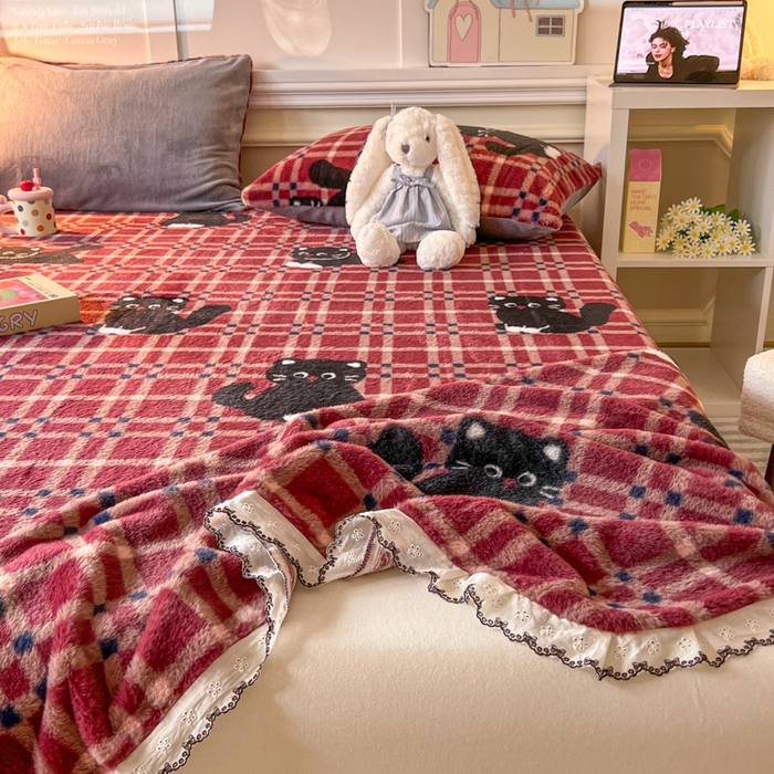 91家纺网 家纺一手货源 找家纺 妖妖家纺 2025新款高克重兔毛花边印花单床单 床单单件 淘气猫