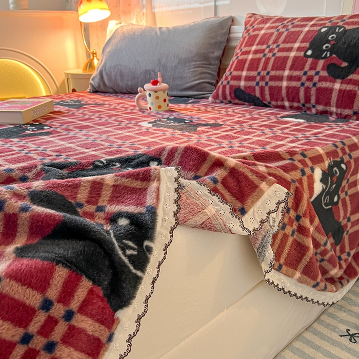 91家纺网 家纺一手货源 找家纺 妖妖家纺 2025新款高克重兔毛花边印花单床单 床单单件 淘气猫