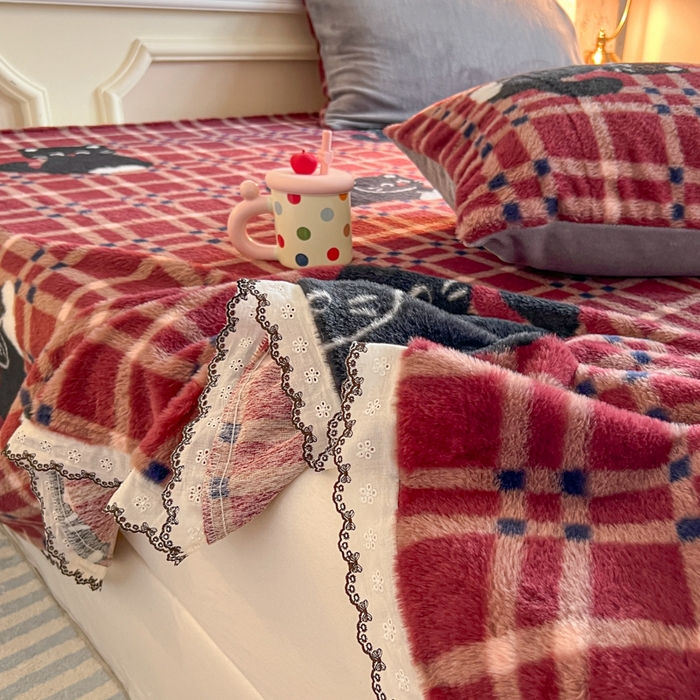 91家纺网 家纺一手货源 找家纺 妖妖家纺 2025新款高克重兔毛花边印花单床单 床单单件 淘气猫