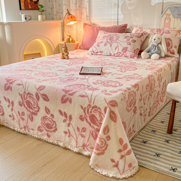 91家纺网 家纺一手货源 找家纺 妖妖家纺 2025新款高克重兔毛花边印花单床单 床单单件 枝繁叶茂