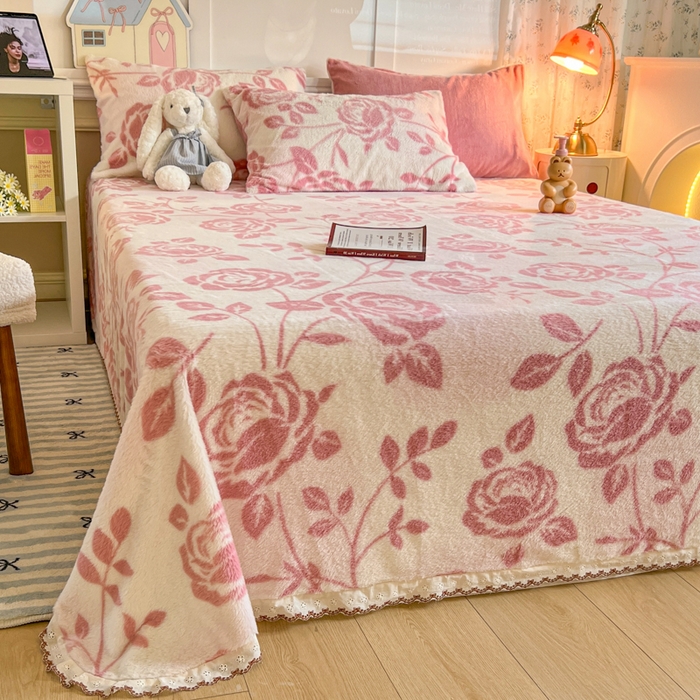 91家纺网 家纺一手货源 找家纺 妖妖家纺 2025新款高克重兔毛花边印花单床单 床单单件 枝繁叶茂