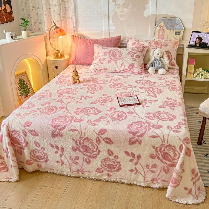 91家纺网 家纺一手货源 找家纺 妖妖家纺 2025新款高克重兔毛花边印花单床单 床单单件 枝繁叶茂