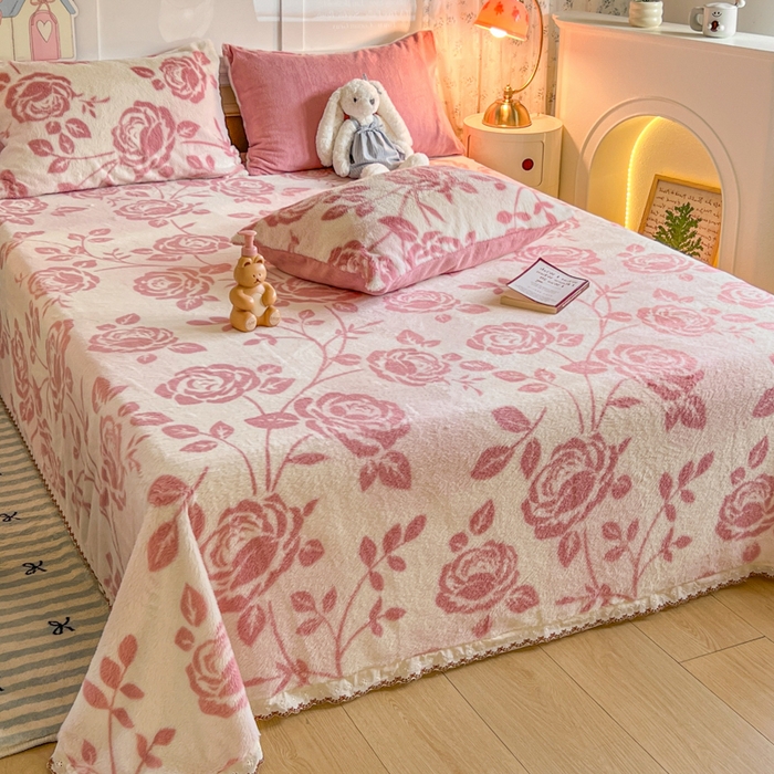 91家纺网 家纺一手货源 找家纺 妖妖家纺 2025新款高克重兔毛花边印花单床单 床单单件 枝繁叶茂