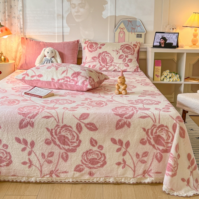 91家纺网 家纺一手货源 找家纺 妖妖家纺 2025新款高克重兔毛花边印花单床单 床单单件 枝繁叶茂