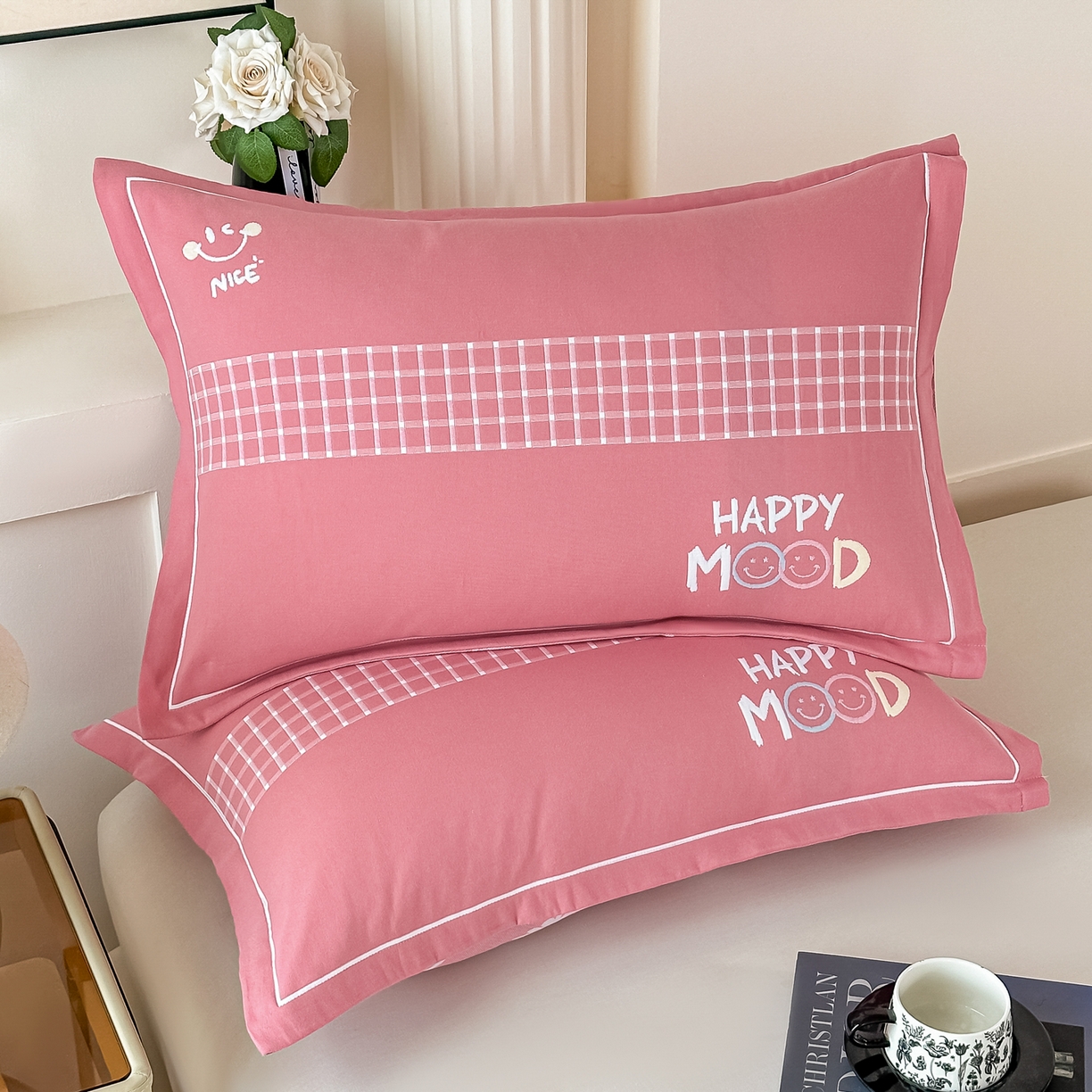 91家纺网 家纺一手货源 找家纺 沐瑟家纺 2025新款怡家枕套单品枕套枕套单件 笑脸-红豆沙