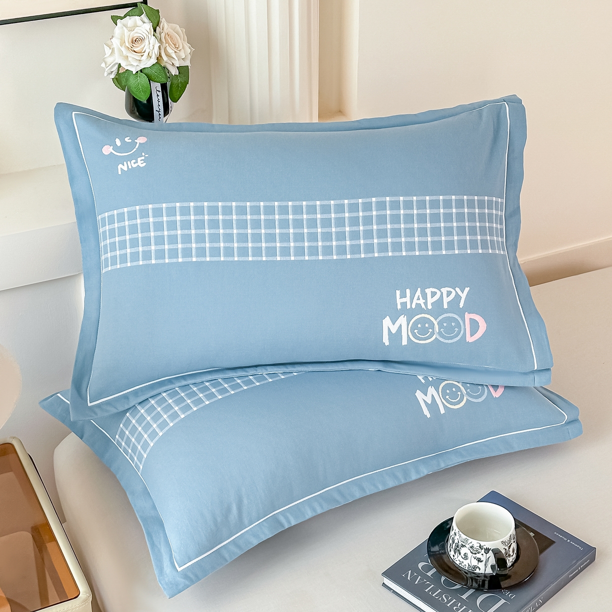 91家纺网 家纺一手货源 找家纺 沐瑟家纺 2025新款怡家枕套单品枕套枕套单件 笑脸-蓝灰色