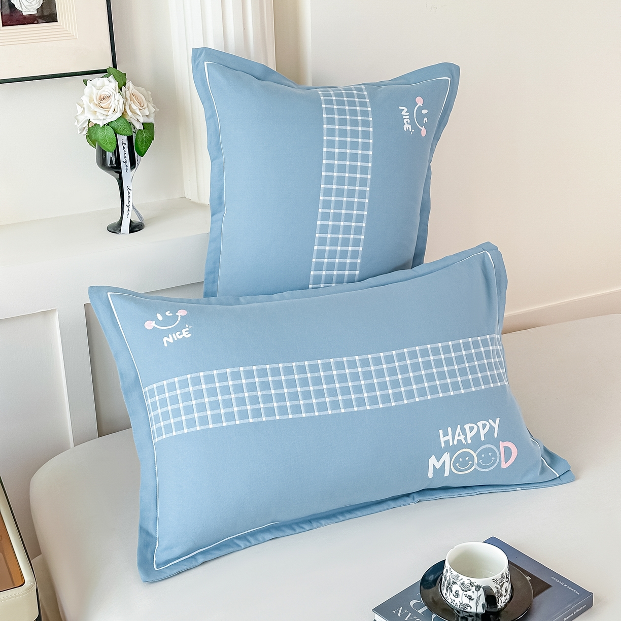 91家纺网 家纺一手货源 找家纺 沐瑟家纺 2025新款怡家枕套单品枕套枕套单件 笑脸-蓝灰色