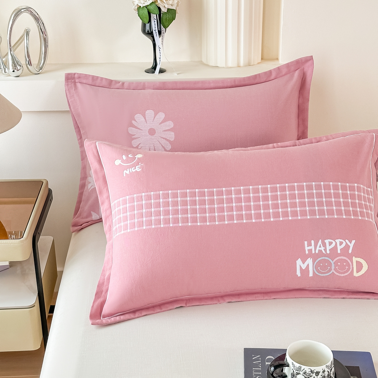 沐瑟家纺 2025新款怡家枕套单品枕套枕套单件 笑脸-浅粉色