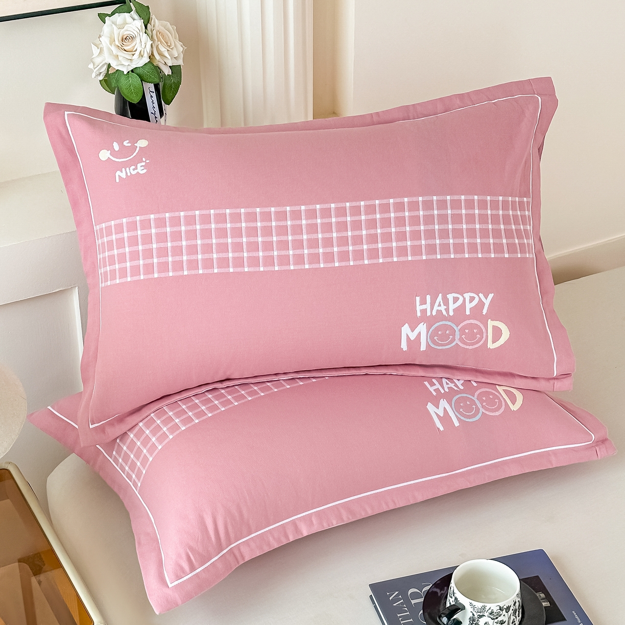 91家纺网 家纺一手货源 找家纺 沐瑟家纺 2025新款怡家枕套单品枕套枕套单件 笑脸-浅粉色