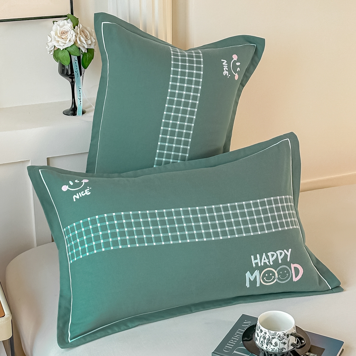 91家纺网 家纺一手货源 找家纺 沐瑟家纺 2025新款怡家枕套单品枕套枕套单件 笑脸-深绿