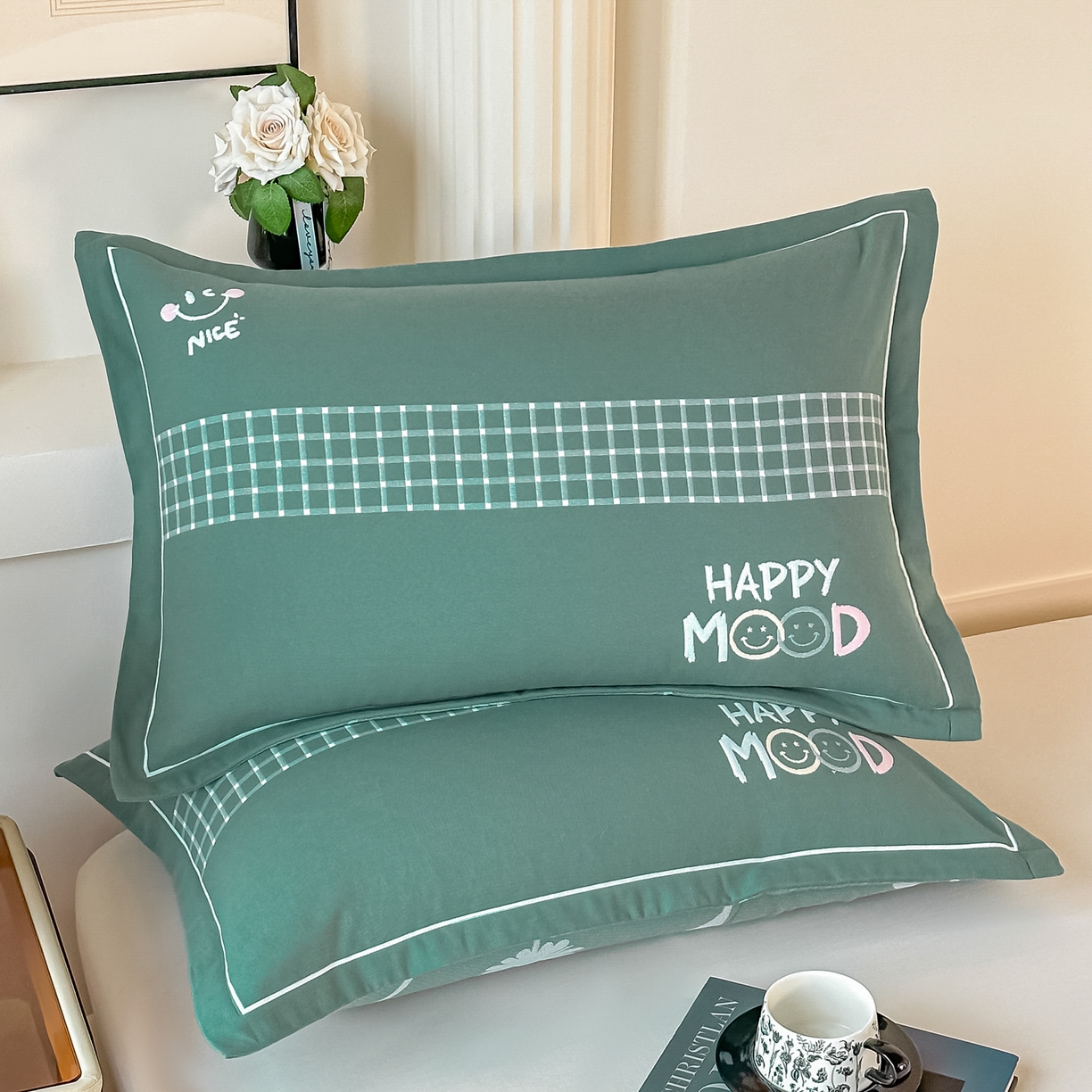 91家纺网 家纺一手货源 找家纺 沐瑟家纺 2025新款怡家枕套单品枕套枕套单件 笑脸-深绿