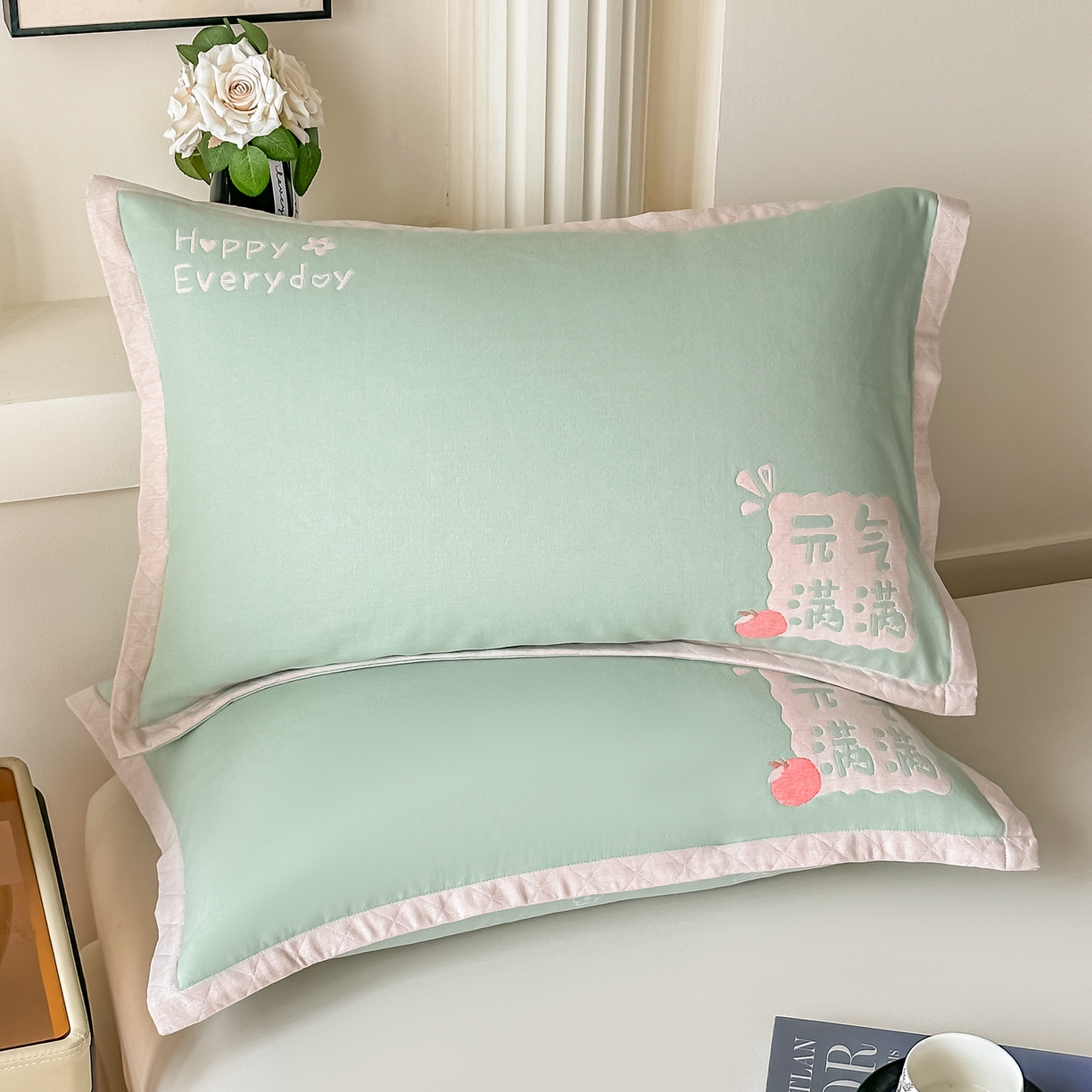 91家纺网 家纺一手货源 找家纺 沐瑟家纺 2025新款怡家枕套单品枕套枕套单件 元气满满-草绿