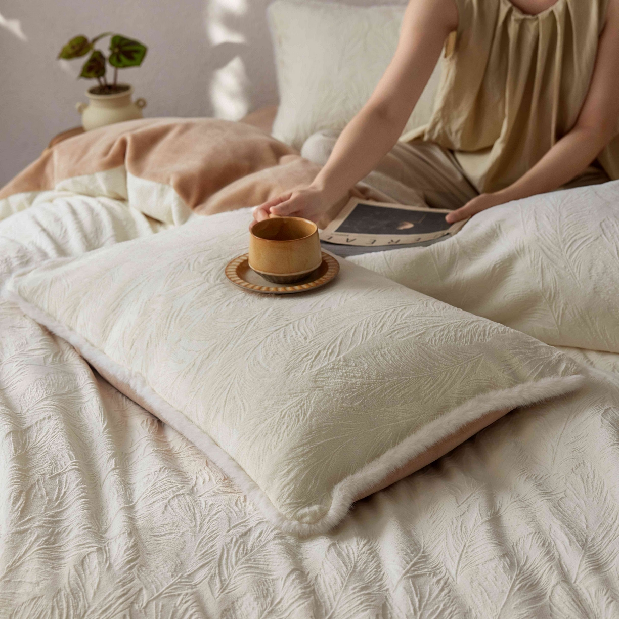 91家纺网 家纺一手货源 找家纺 （总）三味舒屋 2025新款雕花牛奶绒毛边款四件套 绒羽浮光