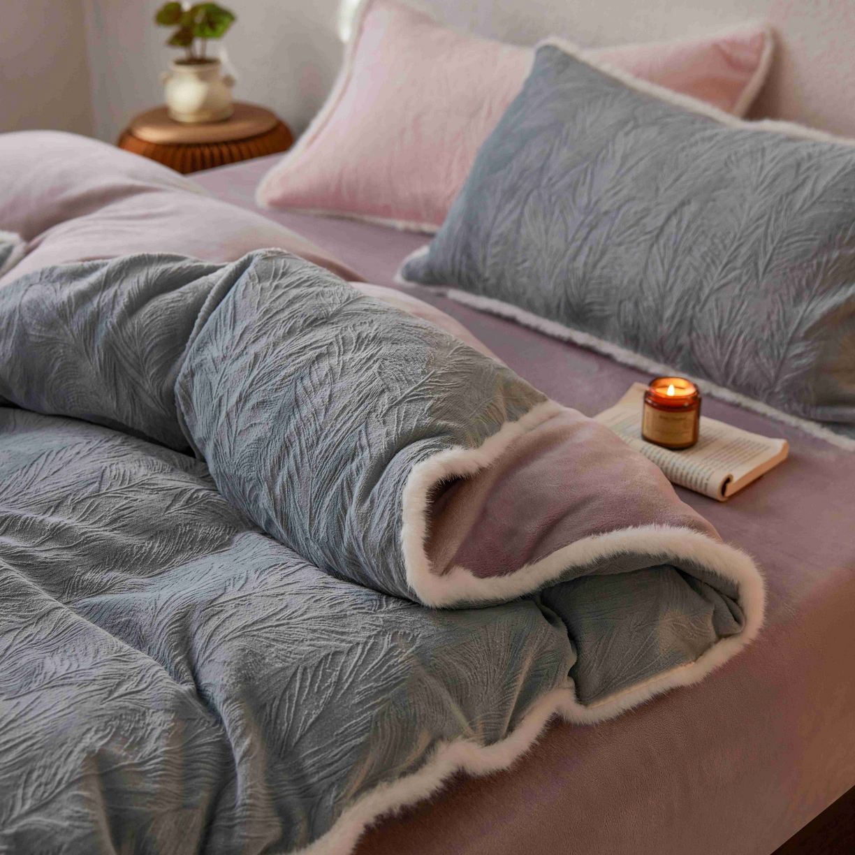 91家纺网 家纺一手货源 找家纺 （总）三味舒屋 2025新款雕花牛奶绒毛边款四件套 绒羽浮光