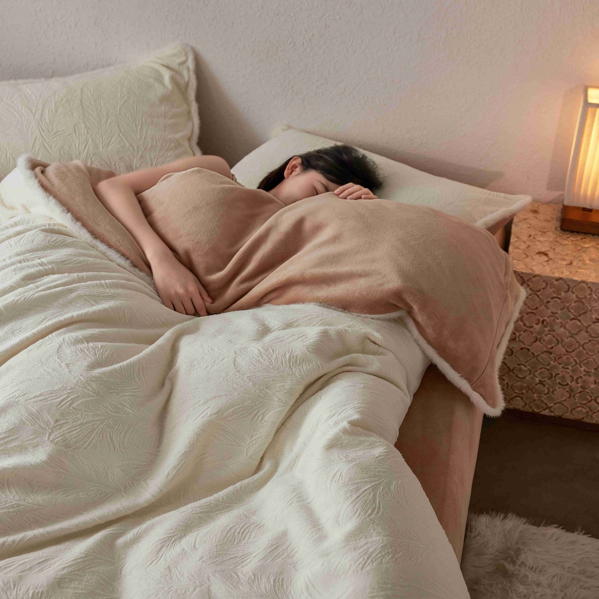 91家纺网 家纺一手货源 找家纺 三味舒屋 2025新款雕花牛奶绒毛边款四件套 绒羽浮光 绒羽浮光-白