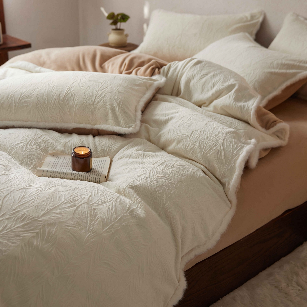 91家纺网 家纺一手货源 找家纺 三味舒屋 2025新款雕花牛奶绒毛边款四件套 绒羽浮光 绒羽浮光-白