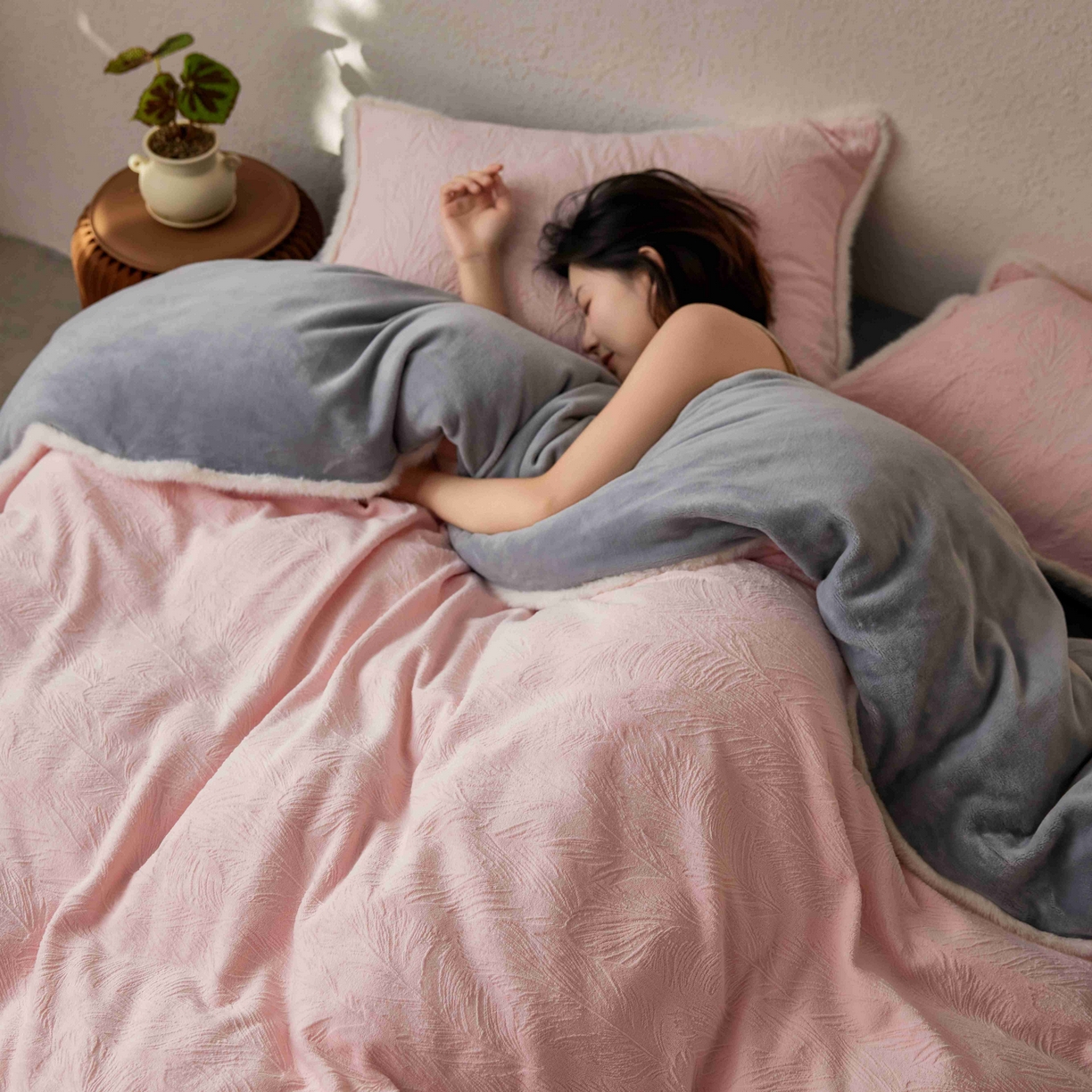 91家纺网 家纺一手货源 找家纺 三味舒屋 2025新款雕花牛奶绒毛边款四件套 绒羽浮光 绒羽浮光-粉