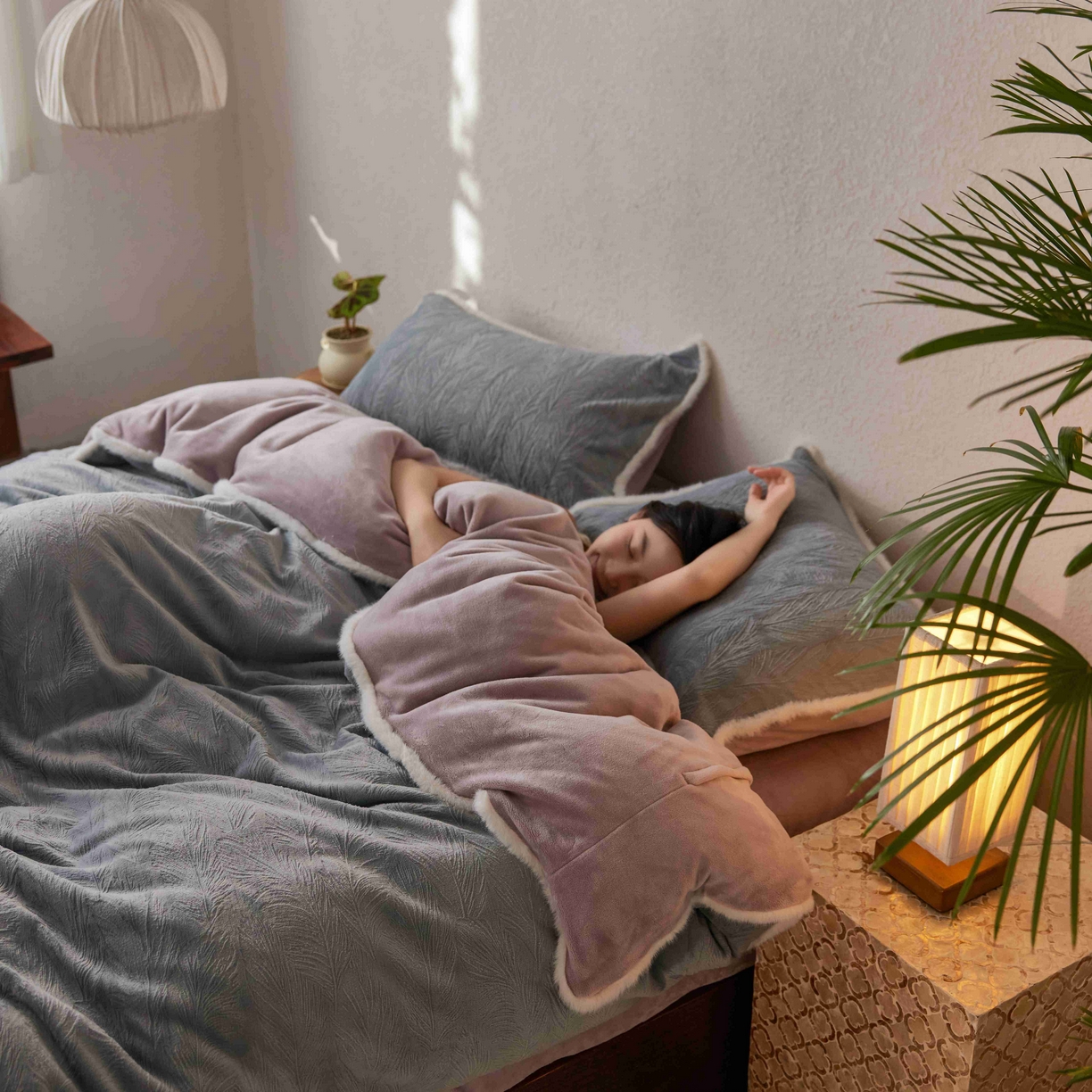 91家纺网 家纺一手货源 找家纺 三味舒屋 2025新款雕花牛奶绒毛边款四件套 绒羽浮光 绒羽浮光-灰