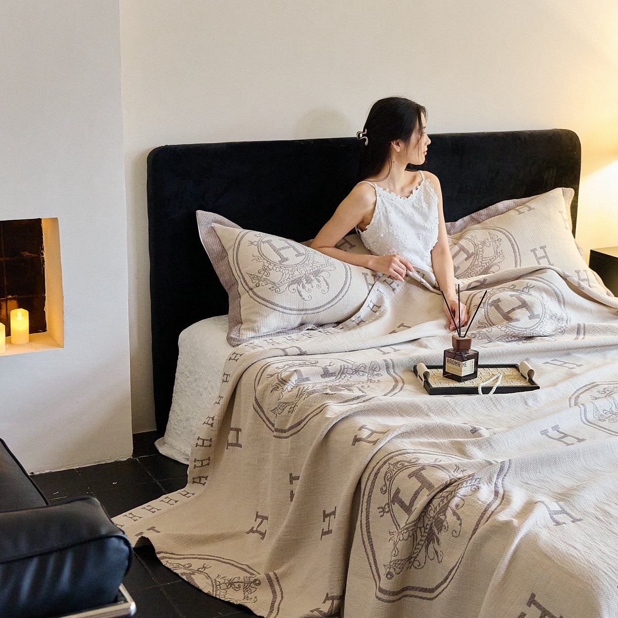 91家纺网 家纺一手货源 找家纺 沐瑟家纺 2025新款简约风多功能纱布盖毯纱布毯子毛巾被床盖沙发巾单毯枕巾枕套三件套 H咖色