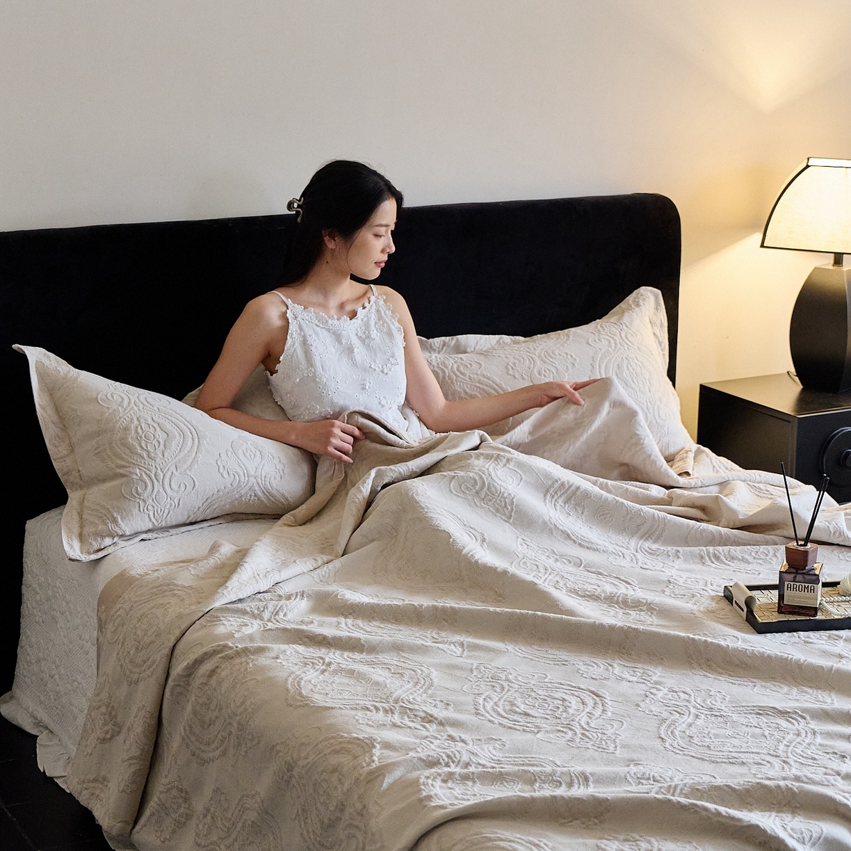 91家纺网 家纺一手货源 找家纺 沐瑟家纺 2025新款简约风多功能纱布盖毯纱布毯子毛巾被床盖沙发巾单毯枕巾枕套三件套 大马士革本色