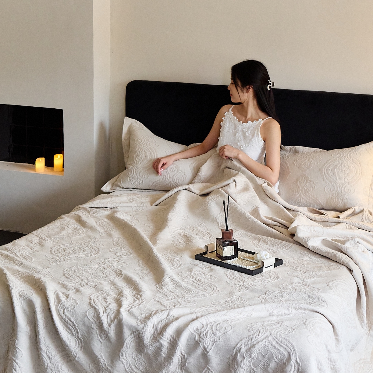 91家纺网 家纺一手货源 找家纺 沐瑟家纺 2025新款简约风多功能纱布盖毯纱布毯子毛巾被床盖沙发巾单毯枕巾枕套三件套 大马士革本色