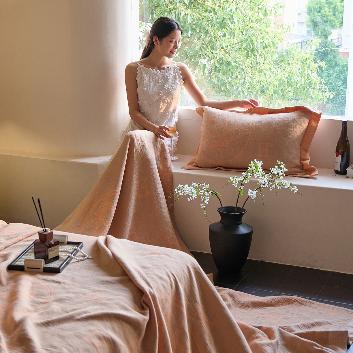 91家纺网 家纺一手货源 找家纺 沐瑟家纺 2025新款简约风多功能纱布盖毯纱布毯子毛巾被床盖沙发巾单毯枕巾枕套三件套 H橙色