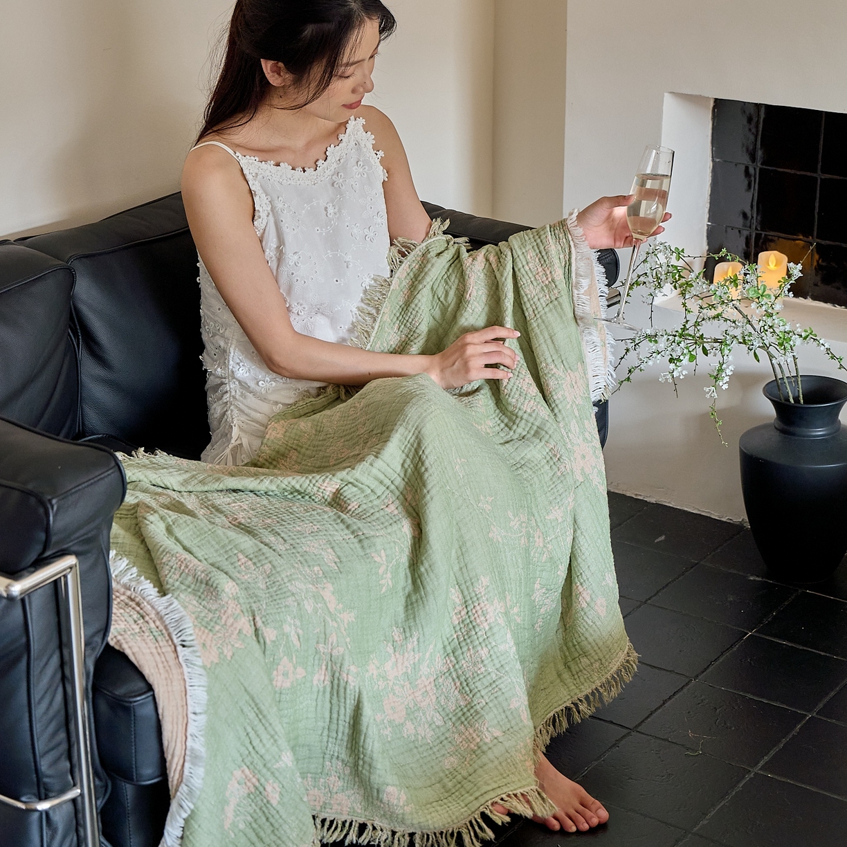 沐瑟家纺 2025新款流苏披肩毯毛毯毯子 花湉-绿色