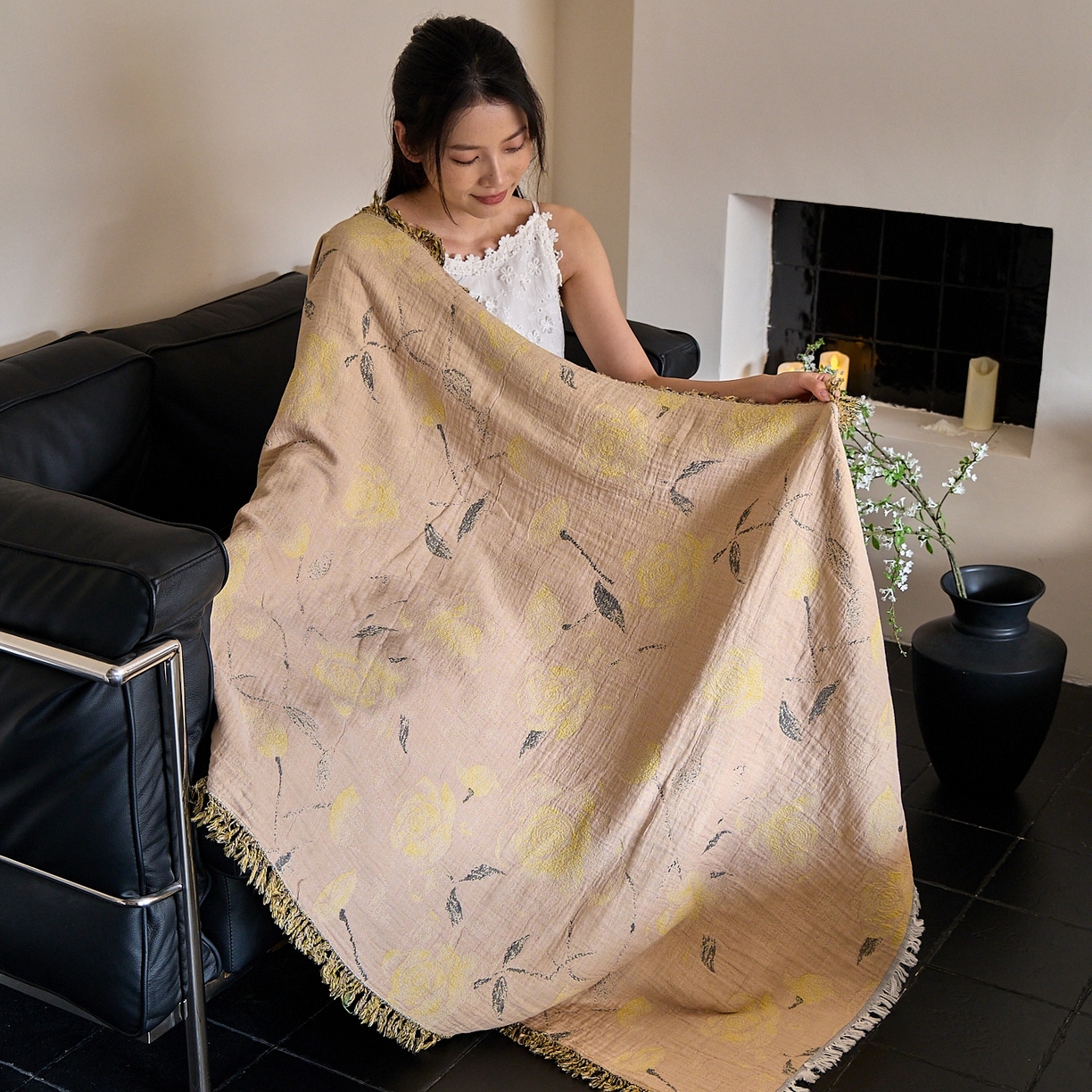 沐瑟家纺 2025新款流苏披肩毯毛毯毯子 柠染