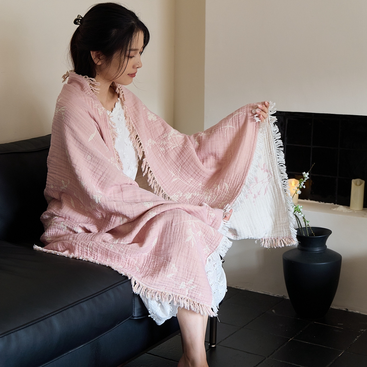 沐瑟家纺 2025新款流苏披肩毯毛毯毯子 粉黛