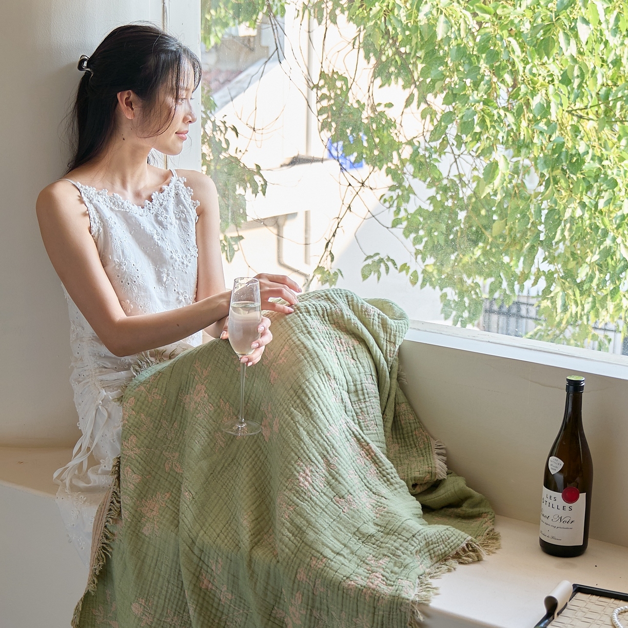 91家纺网 家纺一手货源 找家纺 沐瑟家纺 2025新款流苏披肩毯毛毯毯子 花湉-绿色