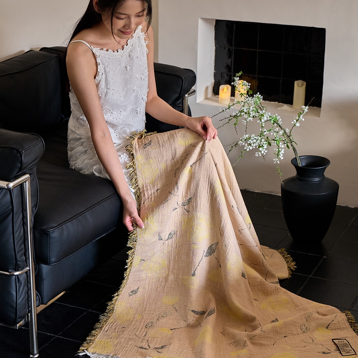 91家纺网 家纺一手货源 找家纺 沐瑟家纺 2025新款流苏披肩毯毛毯毯子 柠染