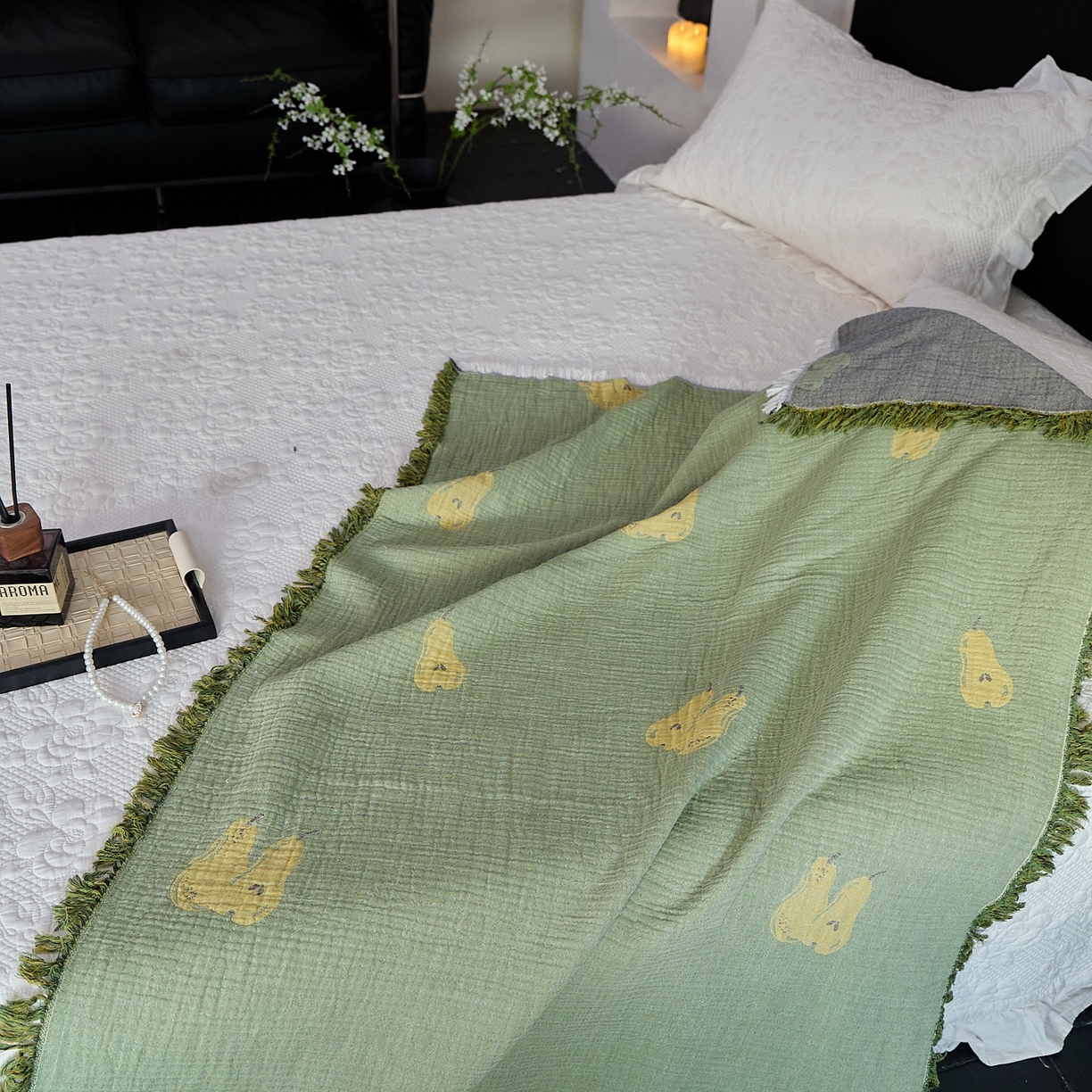 91家纺网 家纺一手货源 找家纺 沐瑟家纺 2025新款流苏披肩毯毛毯毯子 梨落