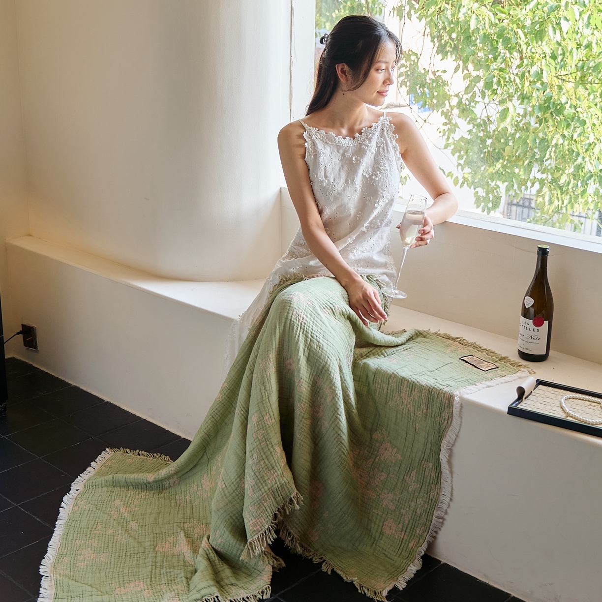 91家纺网 家纺一手货源 找家纺 沐瑟家纺 2025新款流苏披肩毯毛毯毯子 花湉-绿色