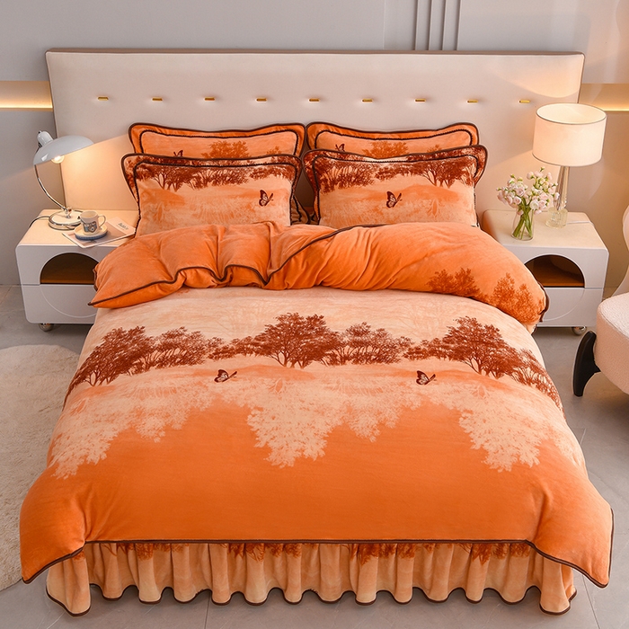 91家纺网 家纺一手货源 找家纺 赛丽雅 2025新款牛奶绒床裙四件套8-9斤法莱绒直播爆款日产2万套 桔色森林