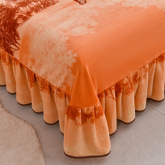 91家纺网 家纺一手货源 找家纺 赛丽雅 2025新款牛奶绒床裙四件套8-9斤法莱绒直播爆款日产2万套 桔色森林