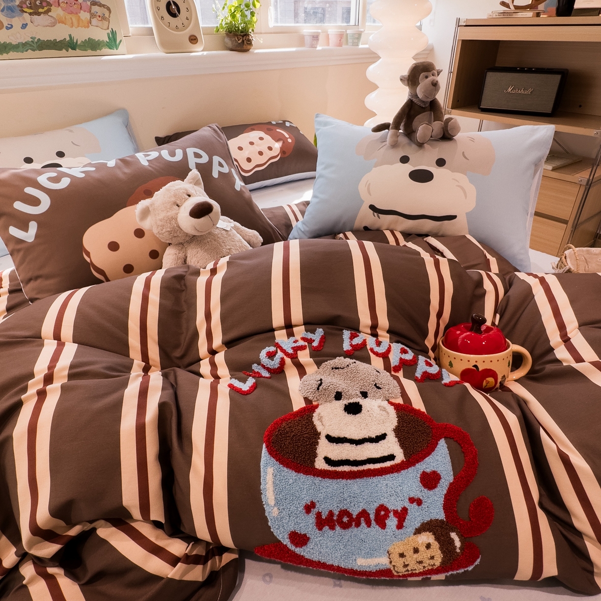 91家纺网 家纺一手货源 找家纺 （总）呗旺鹿 2025新款全棉纯棉卡通大版数码毛巾绣工艺款茶杯小狗四件套