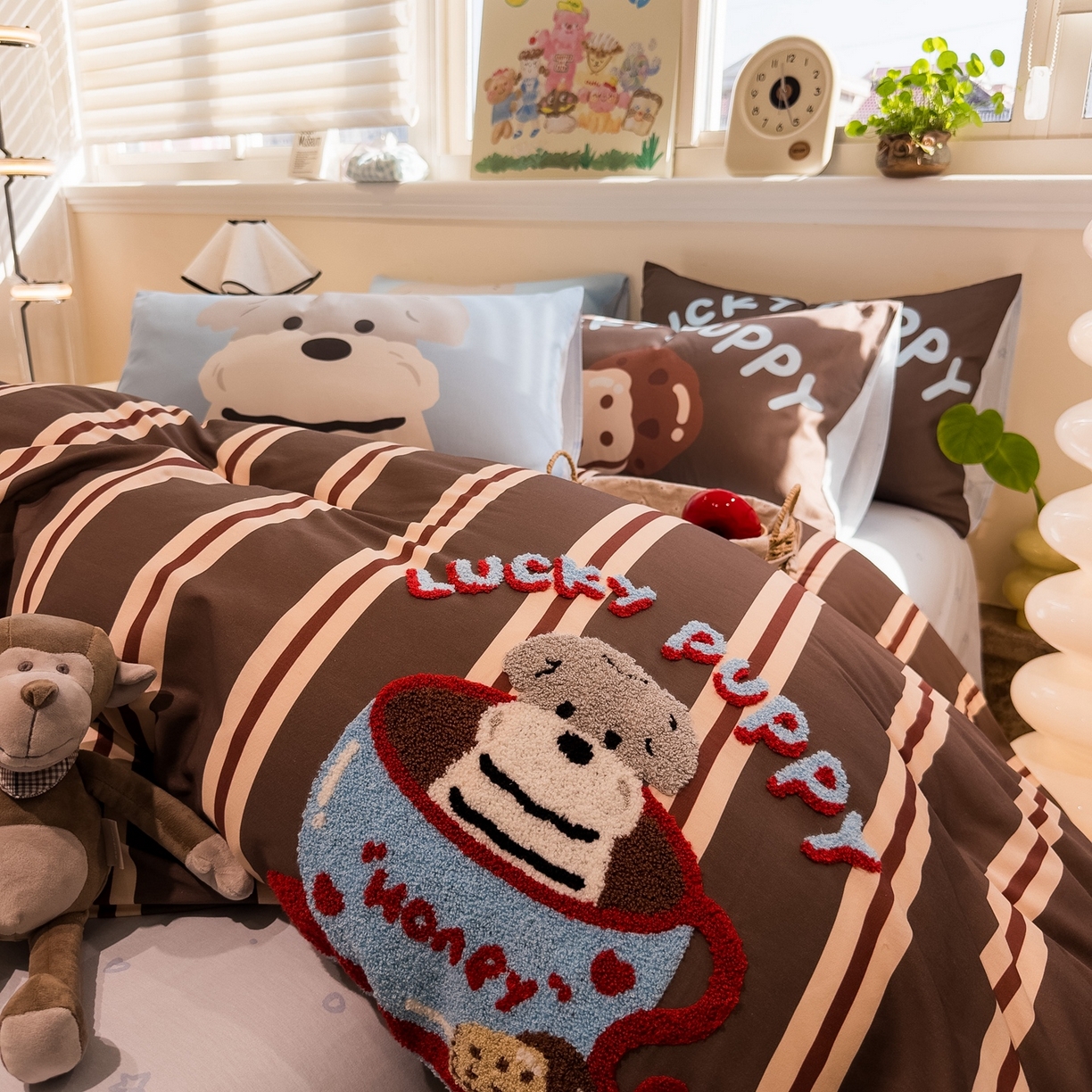 91家纺网 家纺一手货源 找家纺 （总）呗旺鹿 2025新款全棉纯棉卡通大版数码毛巾绣工艺款茶杯小狗四件套