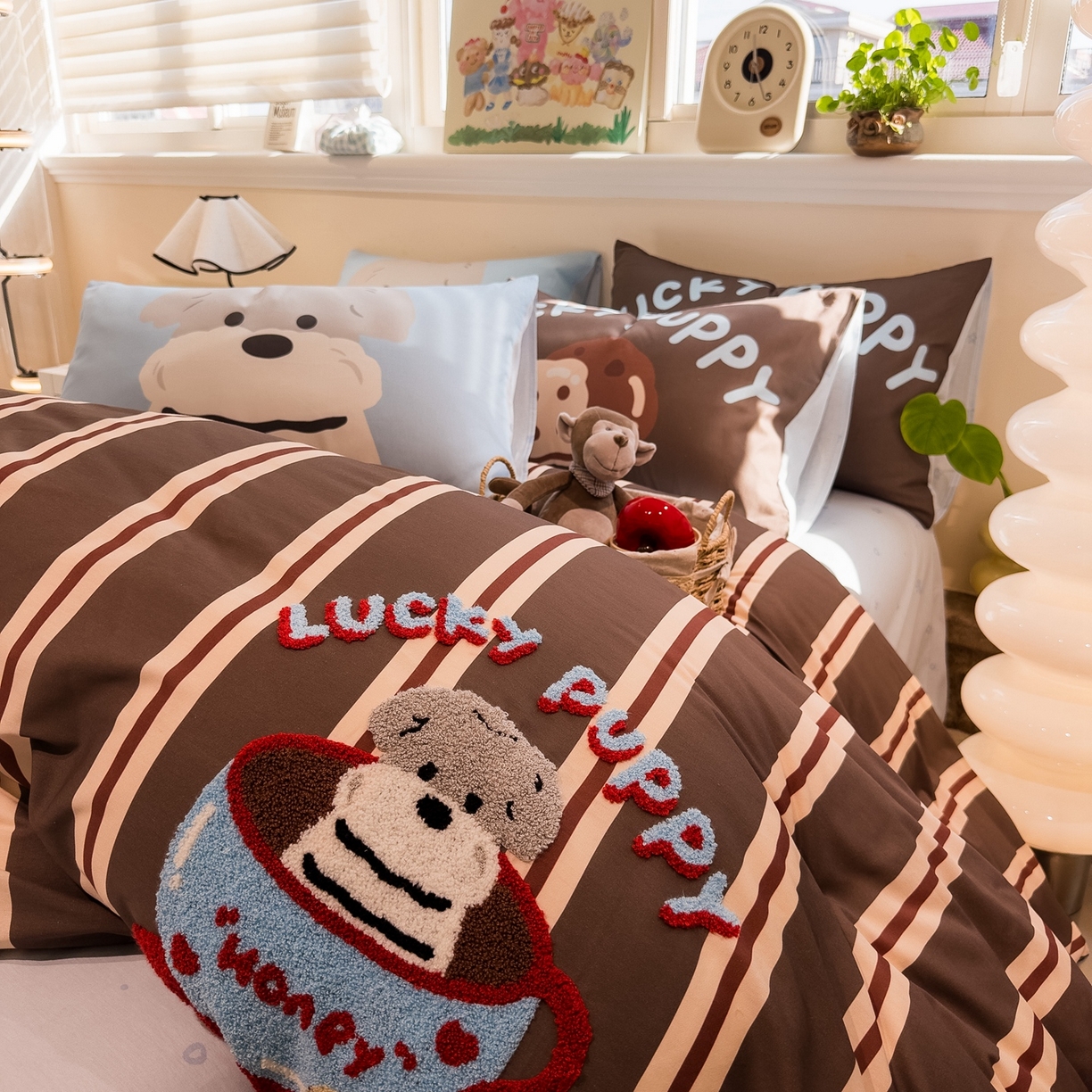 91家纺网 家纺一手货源 找家纺 （总）呗旺鹿 2025新款全棉纯棉卡通大版数码毛巾绣工艺款茶杯小狗四件套