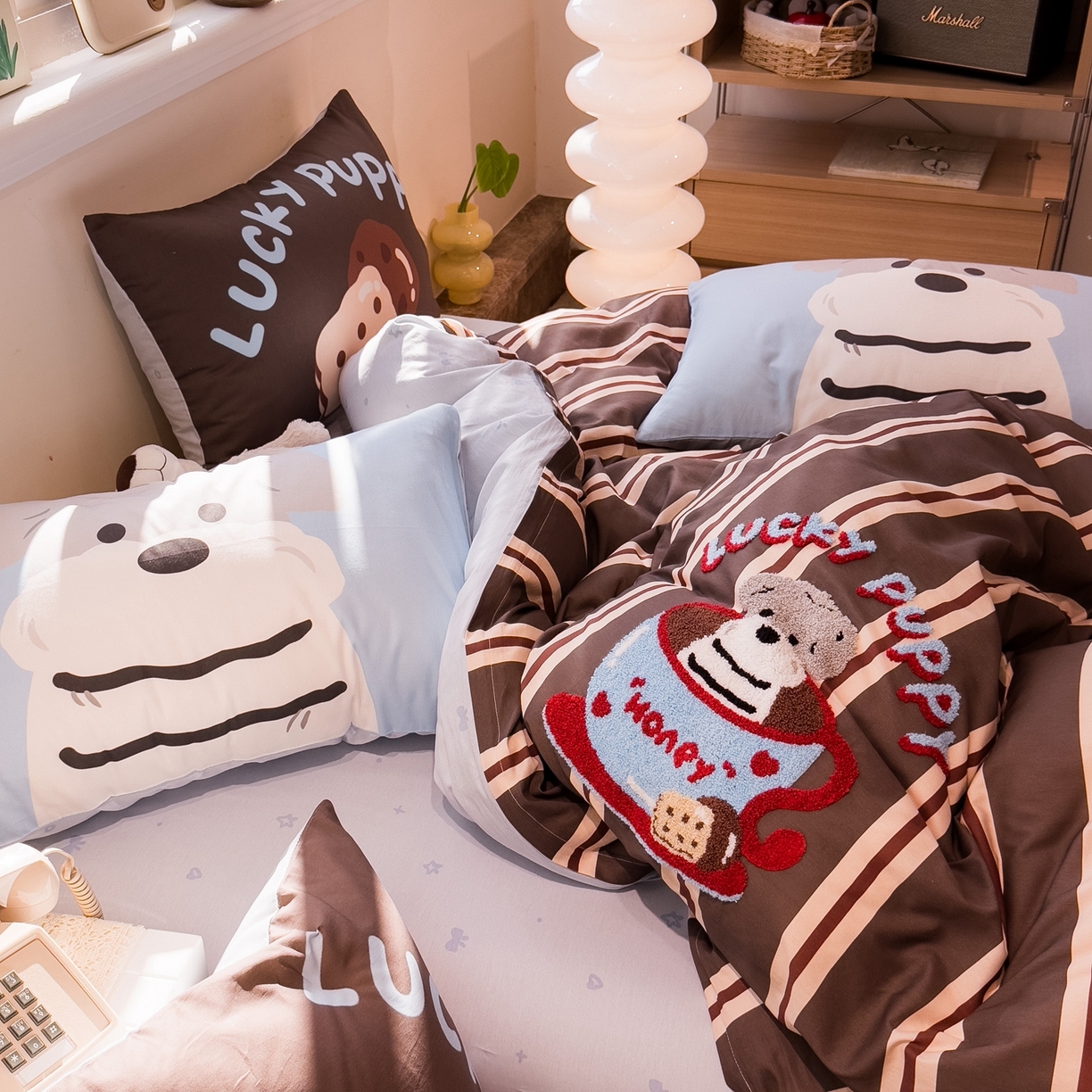 91家纺网 家纺一手货源 找家纺 （总）呗旺鹿 2025新款全棉纯棉卡通大版数码毛巾绣工艺款茶杯小狗四件套