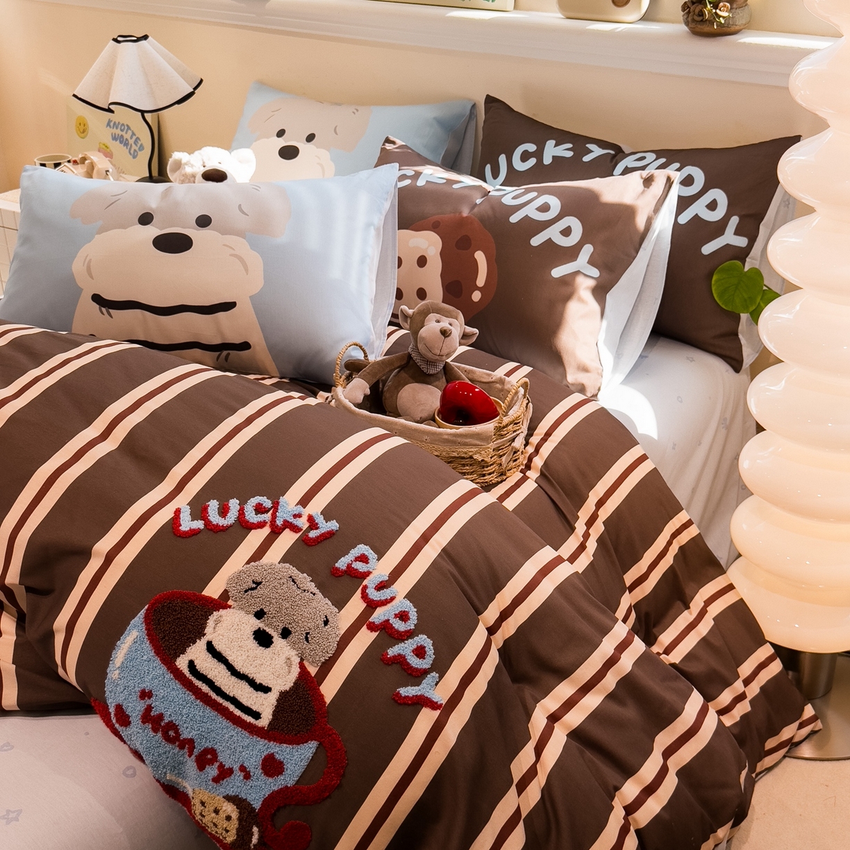 91家纺网 家纺一手货源 找家纺 （总）呗旺鹿 2025新款全棉纯棉卡通大版数码毛巾绣工艺款茶杯小狗四件套