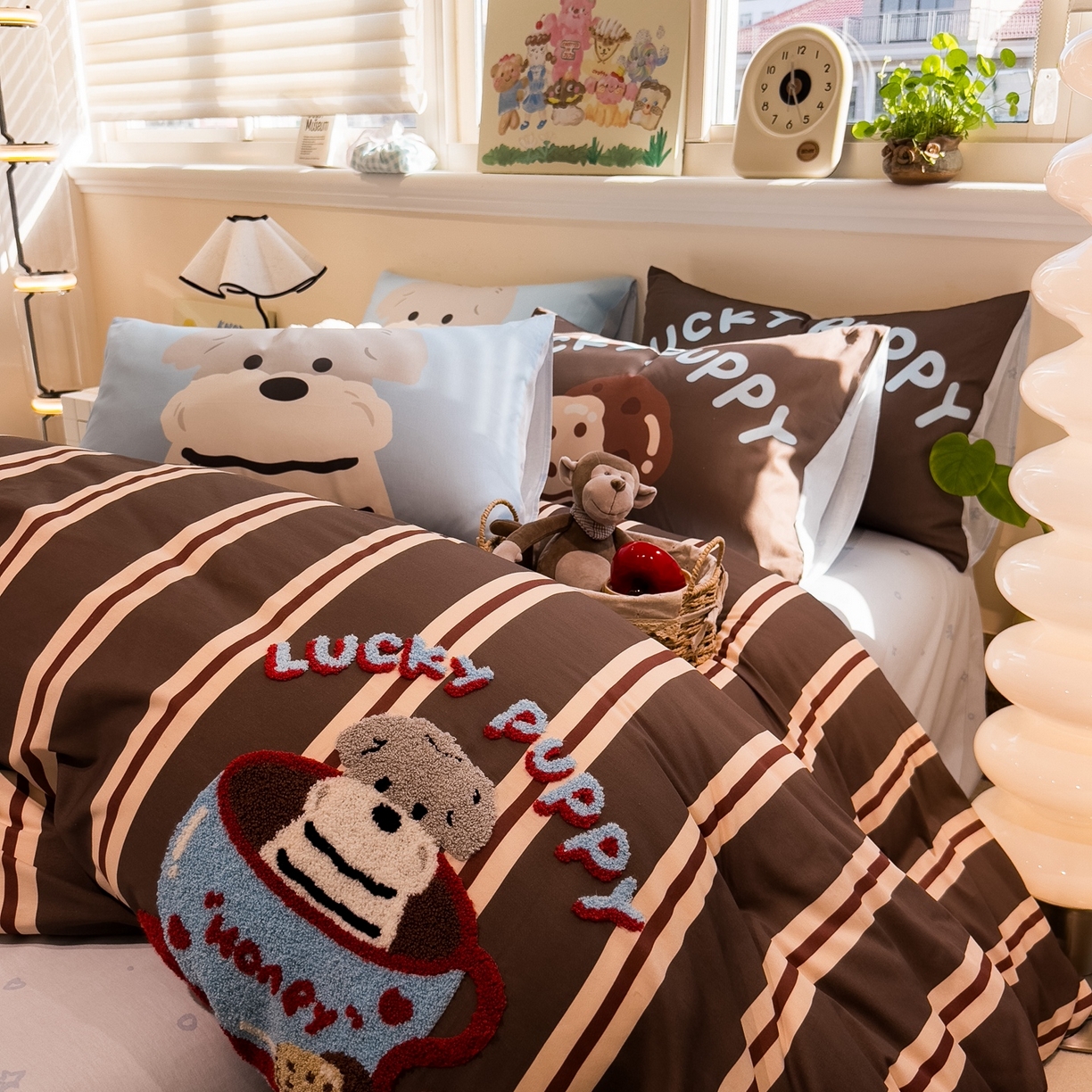 91家纺网 家纺一手货源 找家纺 （总）呗旺鹿 2025新款全棉纯棉卡通大版数码毛巾绣工艺款茶杯小狗四件套